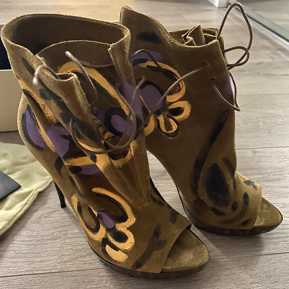 Burberry Hand Painted Suede Ankle Boots Peep Toe